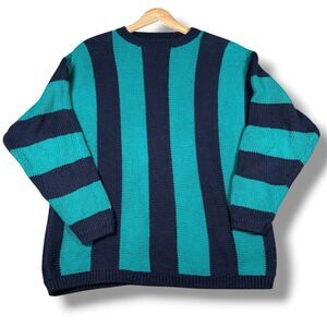 Vintage Pasta Womens LARGE Sweater Retro USA 80s 90s Preppy Striped Green Blue